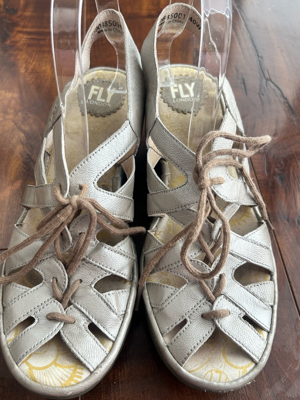 FLY London Women's Yapi Silver Leather Lace-Up Sandals